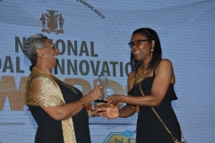 Miss.Patricia Lewin, accepts award on behalf of Mr  Kadeem Petgrave from Educatours Ja Ltd., Education and Poularization Category winner,  received  from Mrs  Margery Newland, Project Manager, of the   Youth Employment in the Digital and Animation Industries (YEDA) Project,